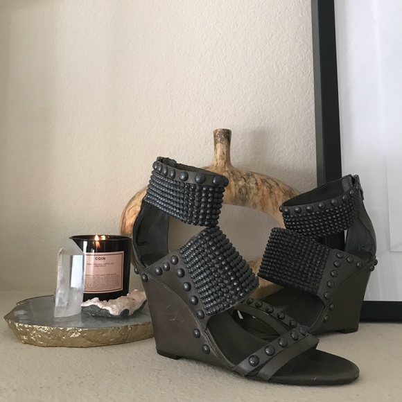 Ash Shoes - ASH GRAY AND GUNMETAL STUDDED LEATHER WEDGES